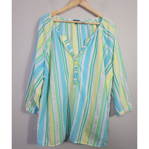 Talbots Plus Womens 3X 3/4 Sleeve Metallic Stripe Popover Blouse Blue Green